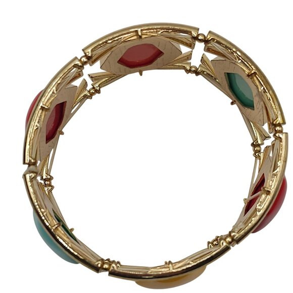 Boho Modern Chic Stmt GoldTone Red/Yellow/Aqua Gem Geometric Bangle Bracelet - Picture 12 of 13